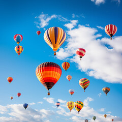 Fototapeta premium Multiple Hot Air Balloons Flying In Blue Sky With Clouds