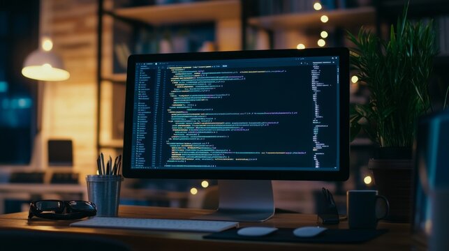 Source code, programming code on a computer screen, developers working on codes, source code photo, technology background.
