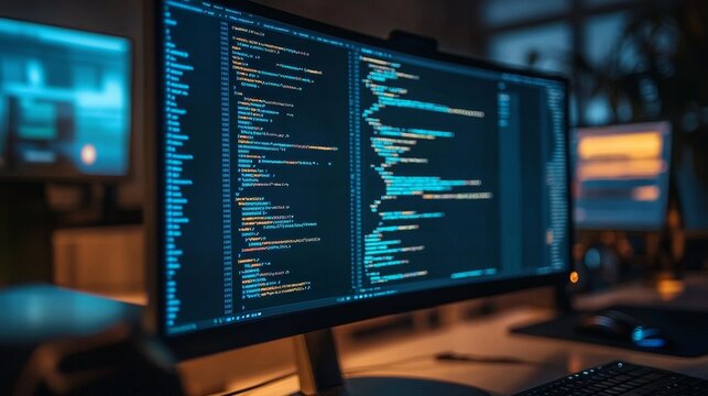 Source code, programming code on a computer screen, developers working on codes, source code photo, technology background.