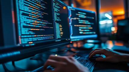 Source code, programming code on a computer screen, developers working on codes, source code photo, technology background.