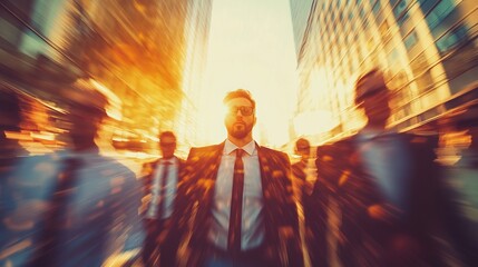 Obraz premium Businesspeople Commuting in Dynamic City Skyline with High-Rise Buildings
