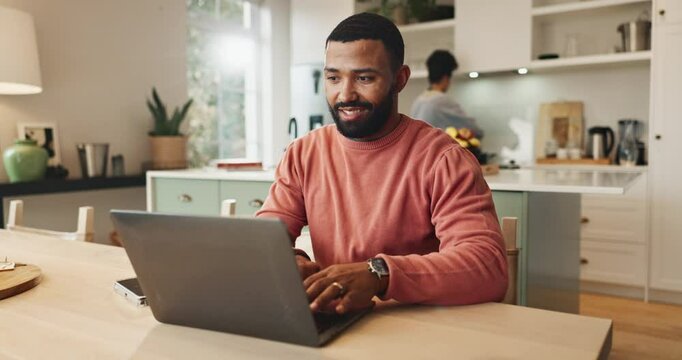 Man, home and remote work with laptop and smile for career, website designer with plan for digital. Male entrepreneur, computer or house with internet for job at table, creative with startup business