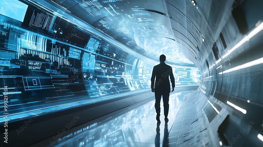 Poster a man walking through a futuristic tunnel filled with digital data