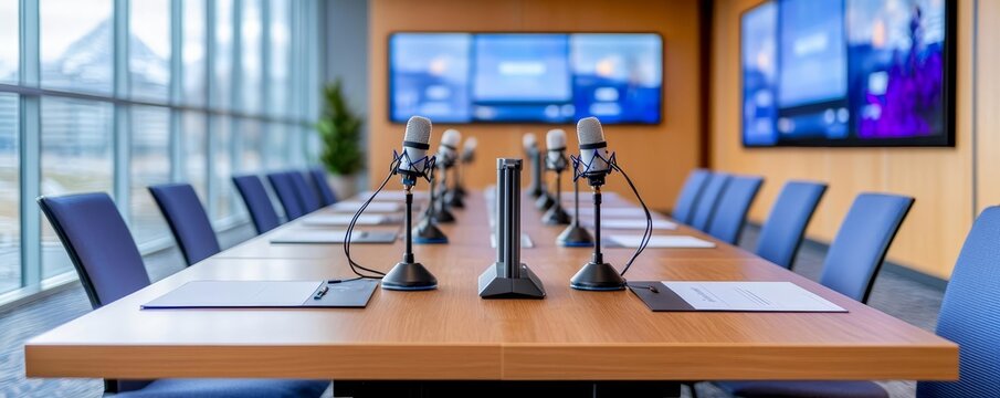 Conference room setup showcasing a U-shaped table configuration with microphones and digital screens placed in front of each seat
