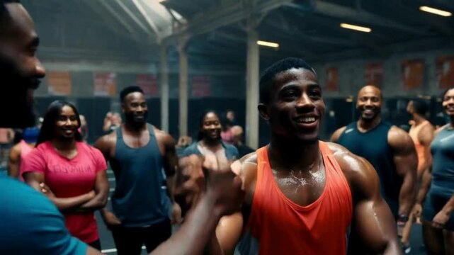 Fitness, a break, and a high five with black folks throughout a workout, sports training, or challenge. Athletes' smiles, successes, or encouragement when working toward fitness objectives with person