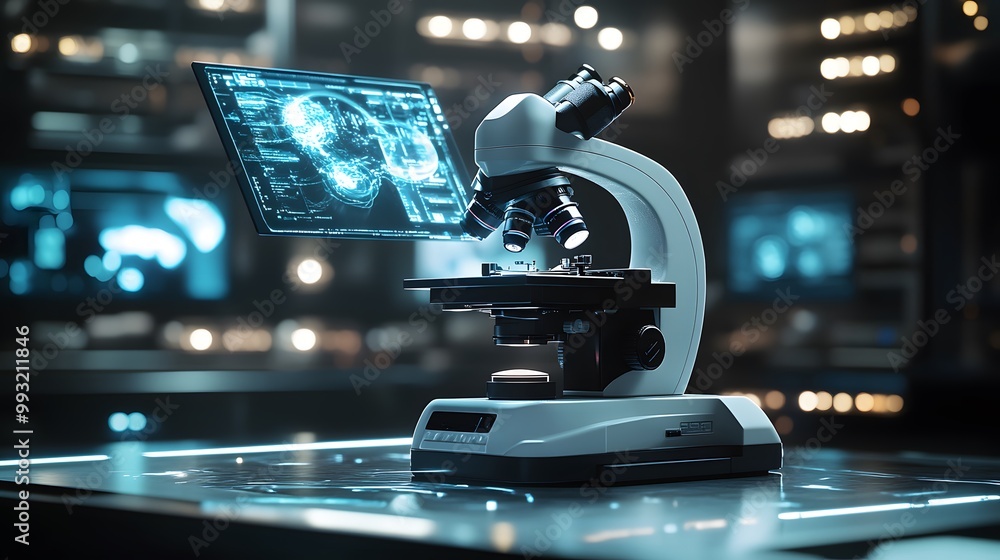 Poster modern microscope with digital display in a laboratory setting