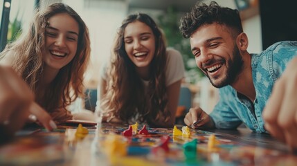 Fototapeta premium A group of friends playing board games at home, laughing and enjoying each other's company, representing friendship and fun