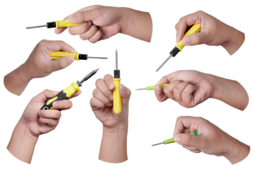 Set collection of male person hand holding screwdriver, cut out isolated on white