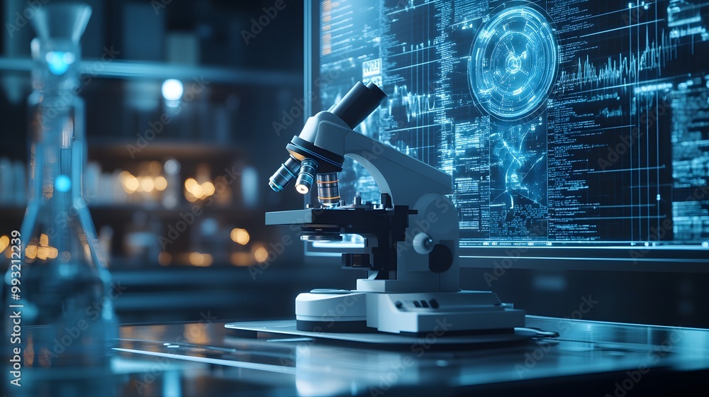 Poster a modern microscope in a scientific laboratory with a digital display