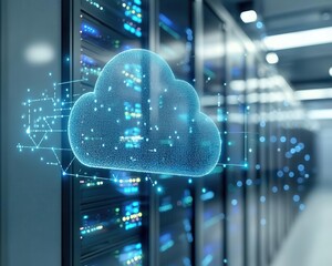 Cloud storage solutions being used to manage data in an office, digital style, sharp focus, bright lighting, high detail