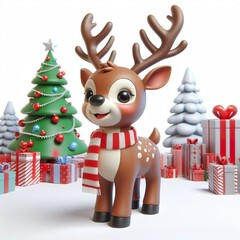 3d Cartoon Happy christmas reindeer hyper-realistic, isolated on a white background