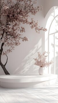 3D Illustration of White Podium with Cherry Blossom Tree, Window, and Sunlight