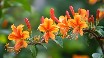 Fototapeta premium Tecoma capensis, commonly called Cape honeysuckle, blooms with striking orange-red flowers in October.