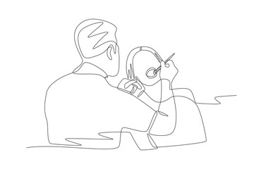 Male dentist removes patient's tooth. Dentist concept one-line drawing