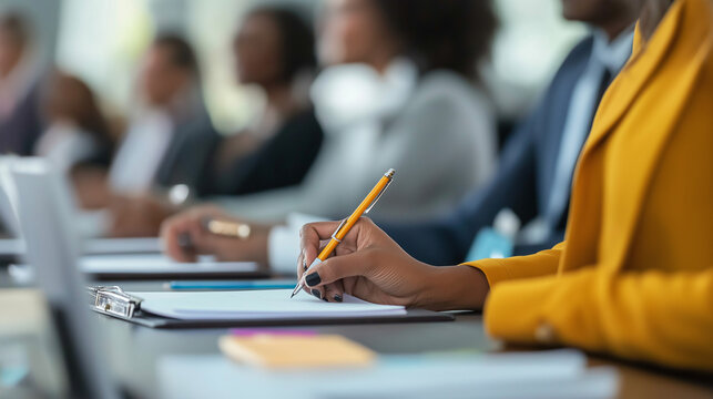 Woman taking notes in a business meeting with a diverse group of people