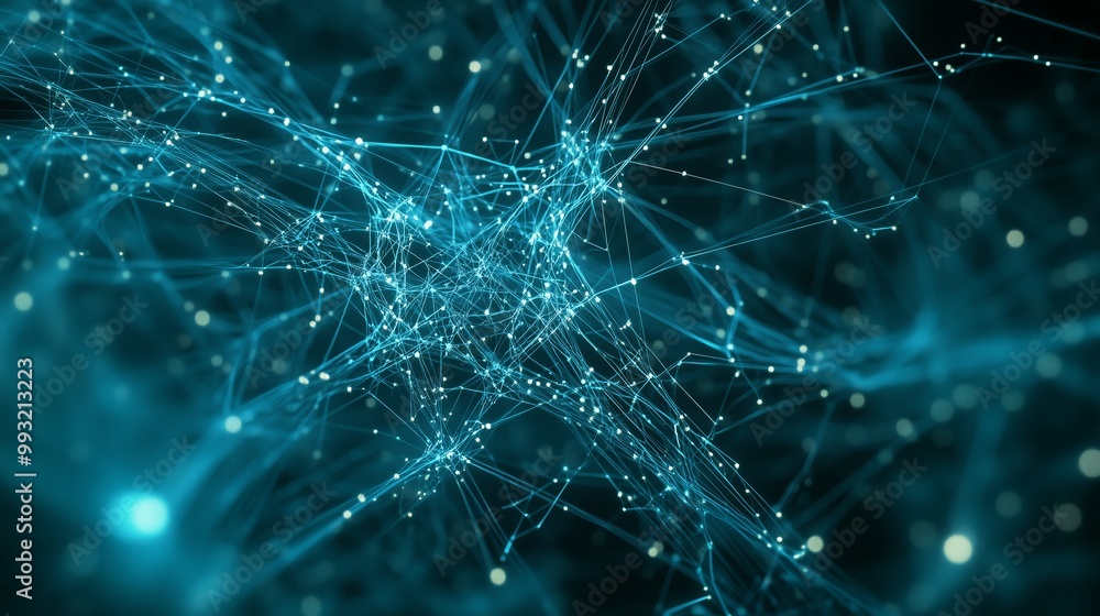 Poster intricate network of glowing blue lines interconnected with bright nodes in a digital space