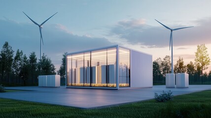 A modern energy facility featuring transparent walls, surrounded by wind turbines and greenery, emphasizing renewable energy and innovation.