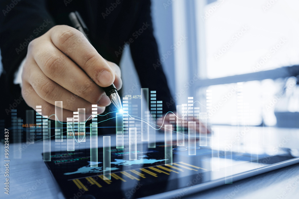 Aufkleber Businessman using computer dashboard analyzing sales data and financial report. Financial Management data System KPI connected in database for follow earnings,operations and sales data.