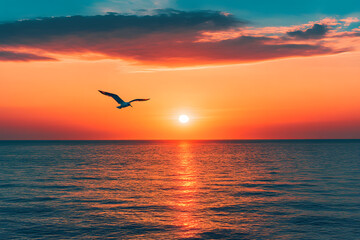 A stunning sunset over the ocean with a seagull soaring through the sky, capturing the beauty and tranquility of nature