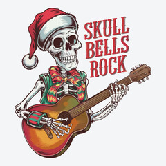 Fototapeta premium Skull Bells Rock T Shirt Design. Funny Christmas Skeleton Design