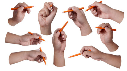 Set collection of male person hand holding pen writing, cut out isolated