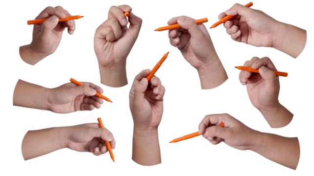 Set collection of male person hand holding pen writing, cut out isolated