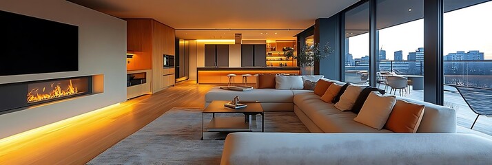 Obraz premium Modern Living Room Illustration with City View, Fireplace, and Hardwood Floors