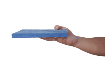 Male person hand holding blue book, education business literation concept, cut out isolated