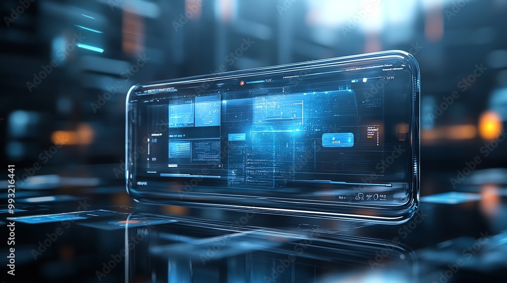 Poster a futuristic smartphone with a transparent screen displaying a digital interface.
