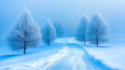 Fototapeta premium A serene winter landscape featuring a snow-covered path winding through frosty trees on a foggy morning.