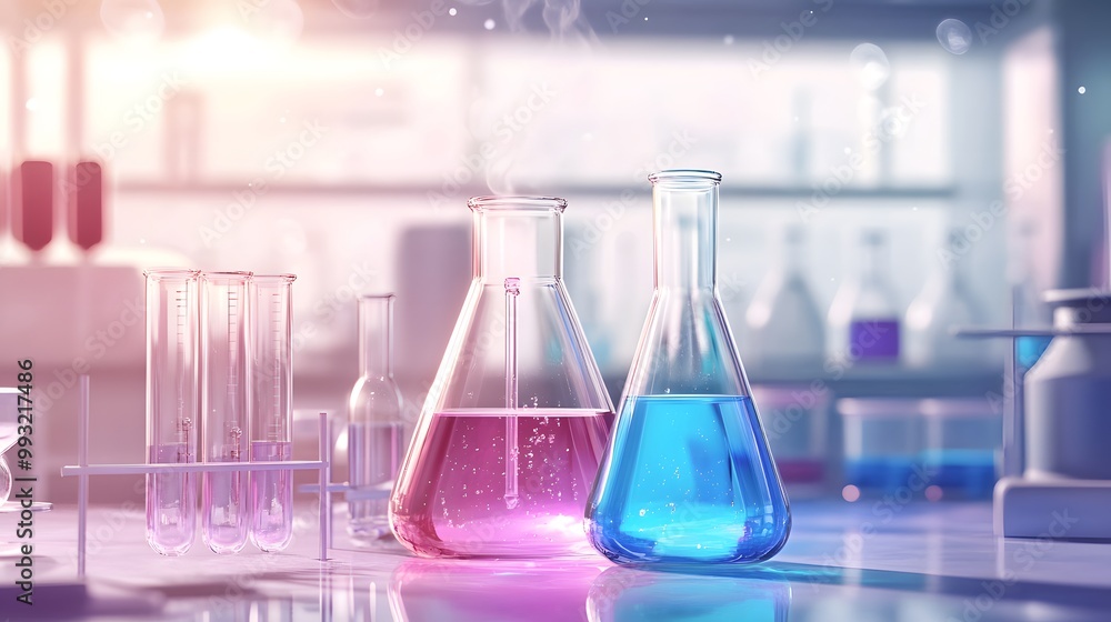 Poster two erlenmeyer flasks filled with pink and blue liquids in a laboratory setting