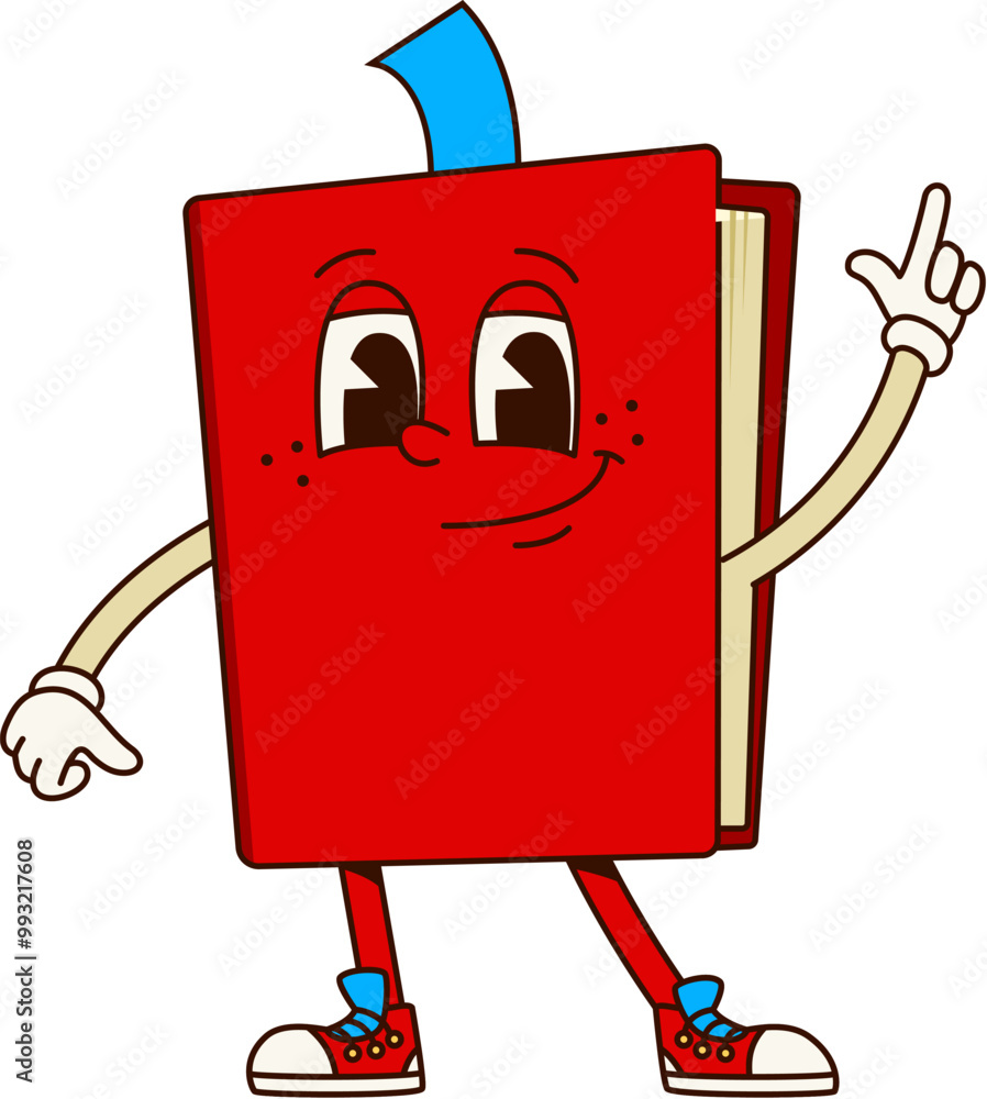 Poster book groovy character, cartoon retro textbook showing pointing gesture with finger up. isolated vect
