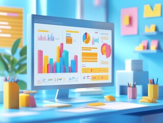 Team analyzing business reports, data visualization, 3D illustration