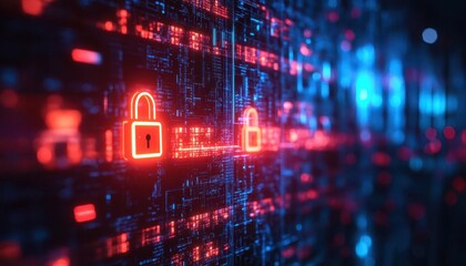 Obraz premium Online security protocols being reviewed by IT professionals, protective atmosphere, sharp focus, bright lighting