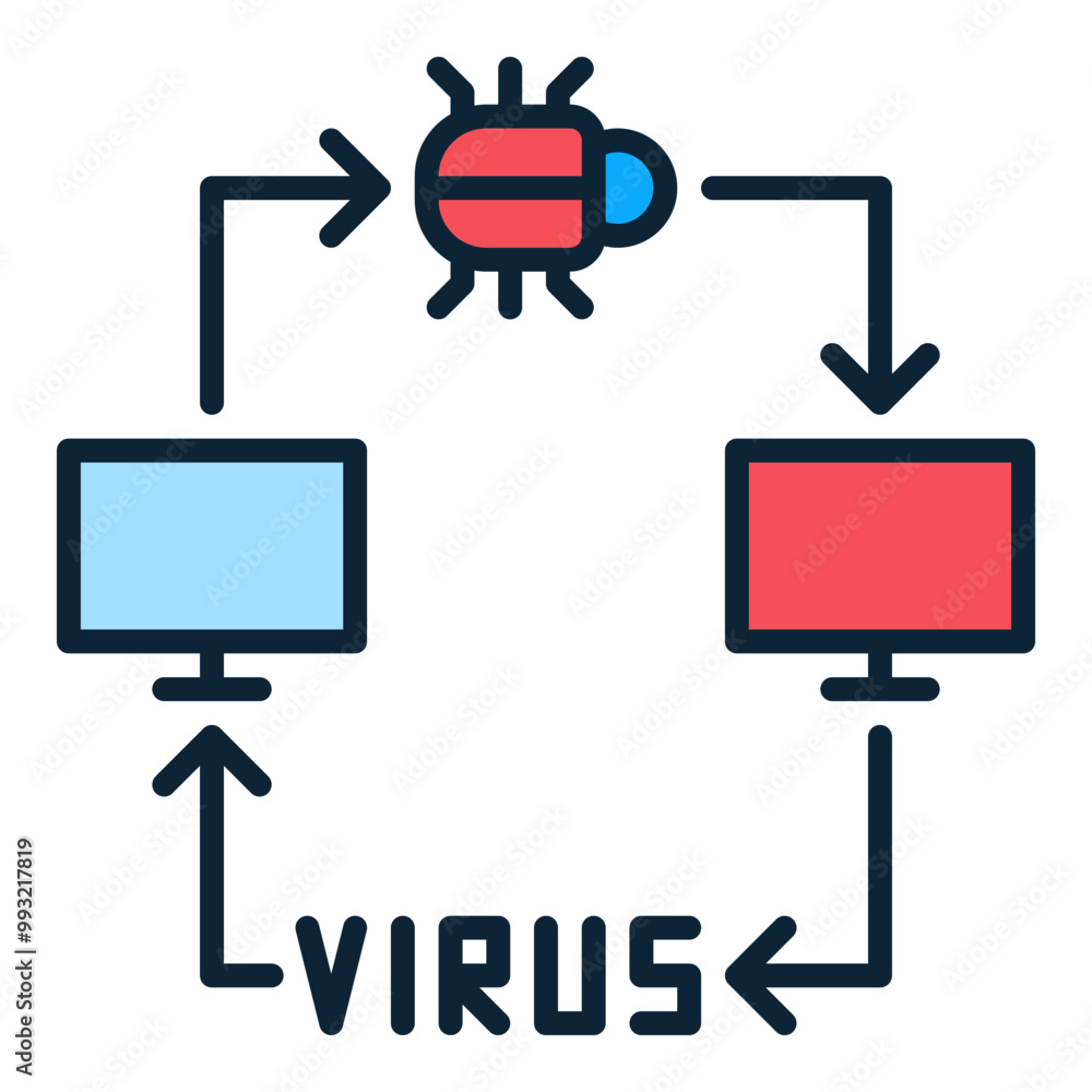 Poster computers connected with viruses and bugs vector colored icon or logo element