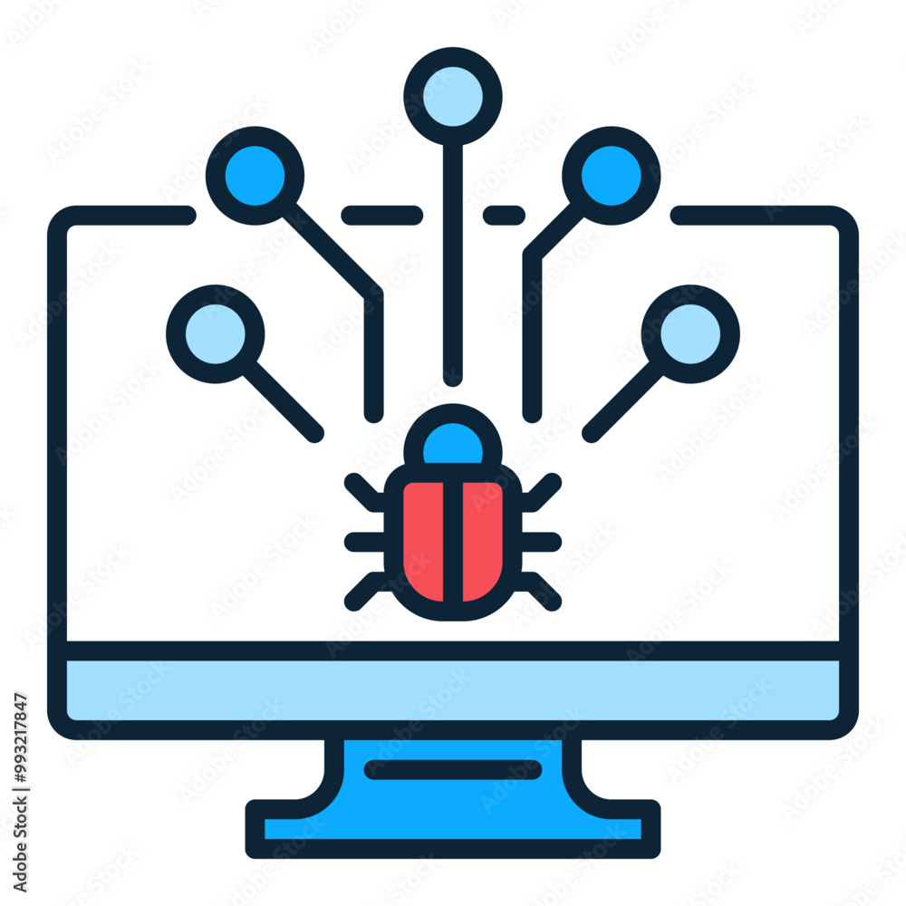 Poster computer virus on pc screen vector colored icon or design element