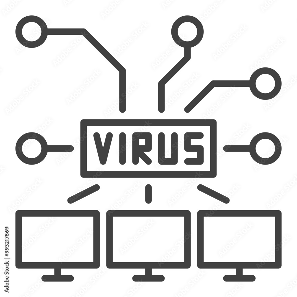 Poster computers with virus vector pc network linear icon or symbol