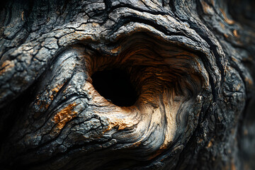 A close-up of a gnarled, weathered tree trunk with intricate textures and a hollow center, showcasing the beauty of natural wood patterns