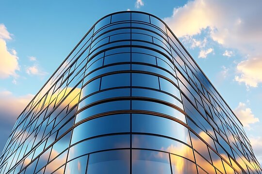 Modern Architecture 3D Illustration:  Curved Glass Facade Reflecting Clouds and Blue Sky