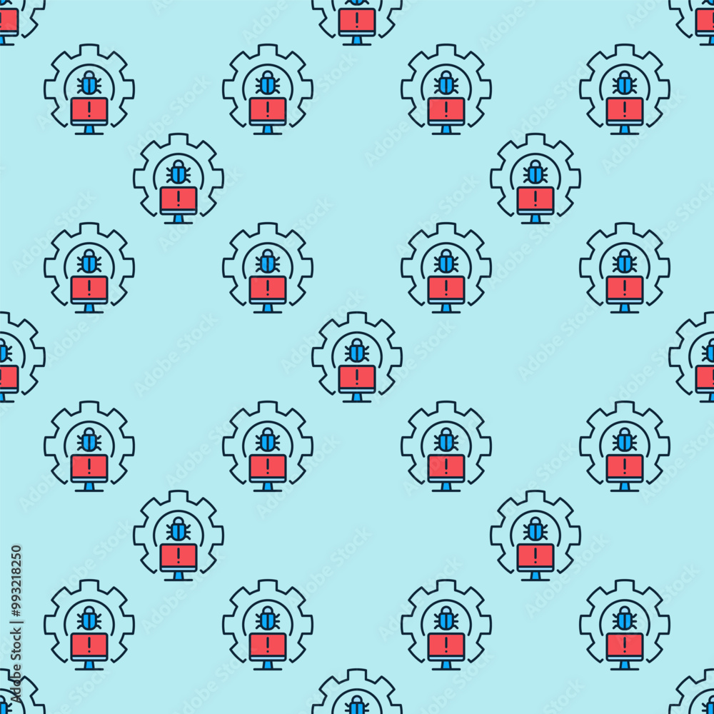 Poster gear with pc bug colored seamless pattern - computer virus vector background