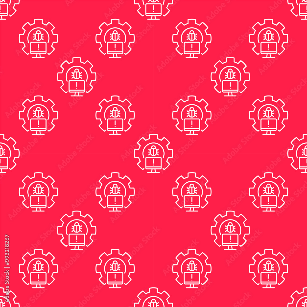 Poster gear with pc bug line seamless pattern - computer virus vector outline background
