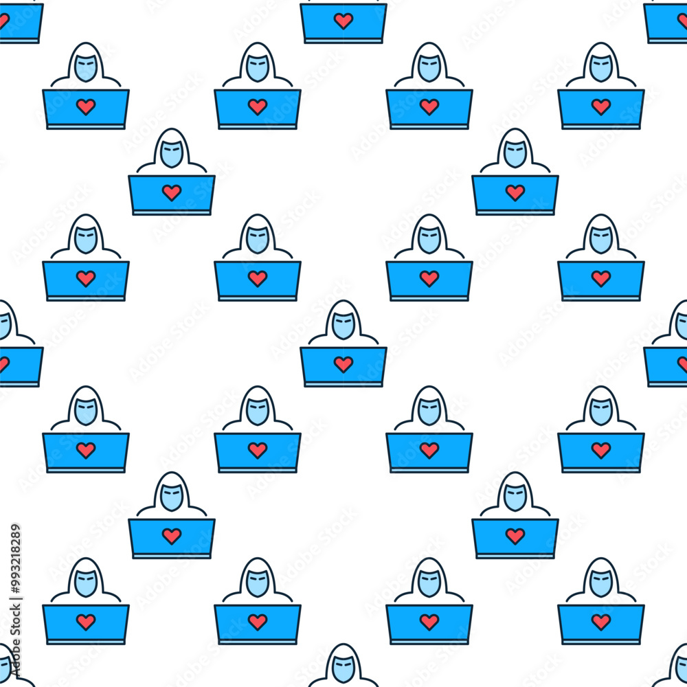 Poster laptop and hacker vector colored seamless pattern