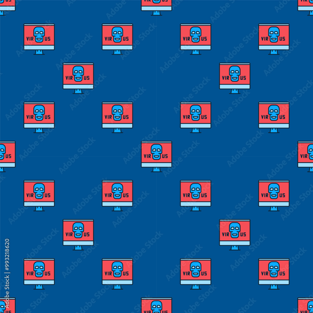 Poster skull on pc screen vector computer with virus colored seamless pattern