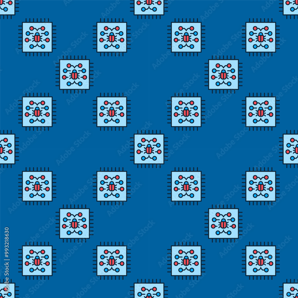 Poster pc processor with virus vector colored seamless pattern