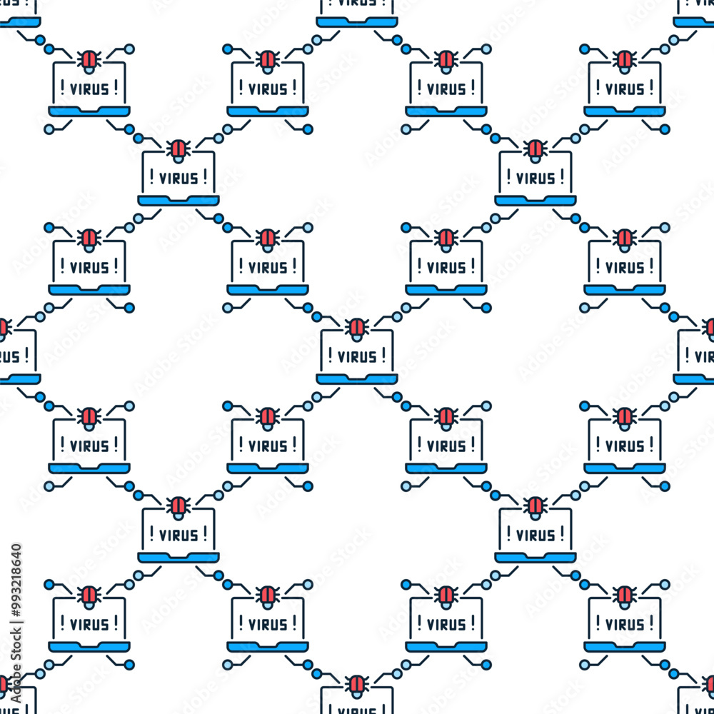 Poster virus on laptop screen vector computer virus colored seamless pattern