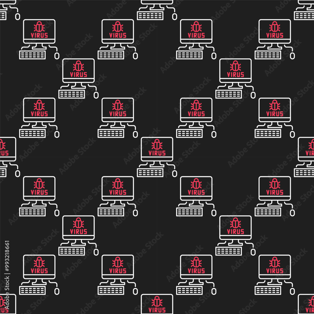 Poster vector virus on desktop computer seamless pattern in thin line style