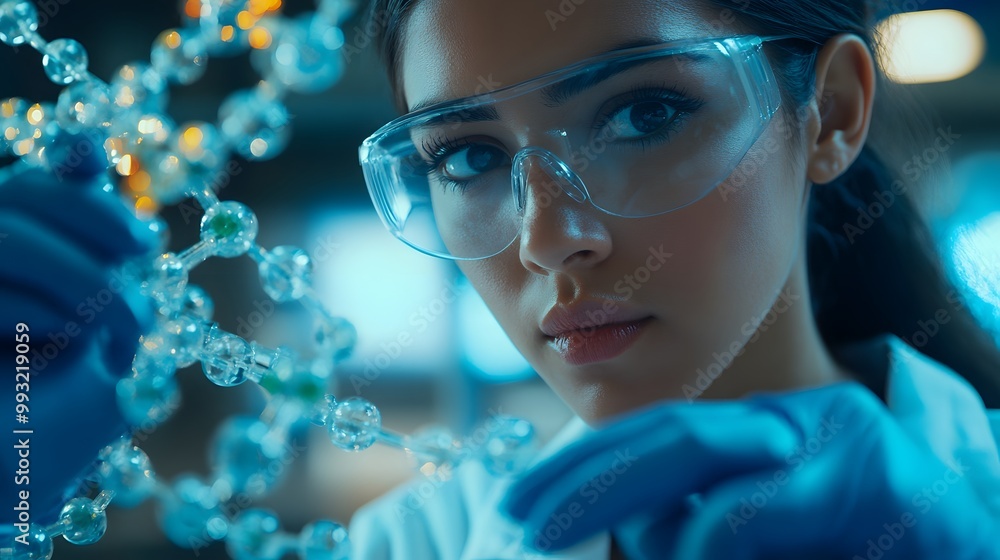 Poster focused scientist examining molecular model in a laboratory setting
