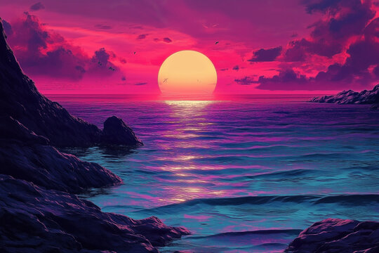 Vaporwave and retrowave style of sea sunset