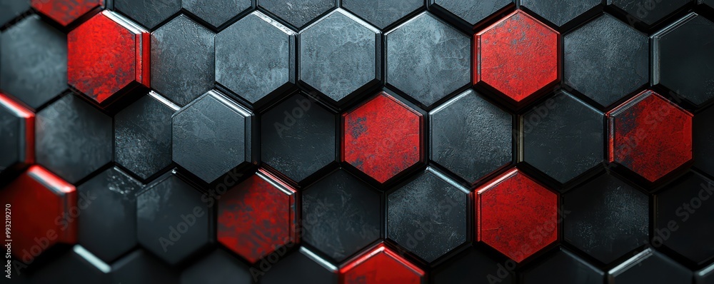 Poster abstract red and black hexagonal background showcasing geometric pattern for modern design and techn