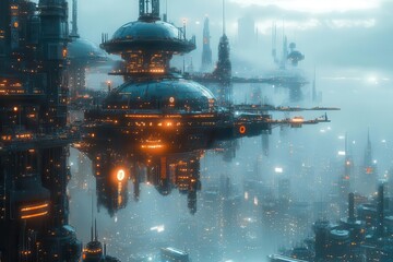 Floating city with futuristic architecture, scifi, neon and chrome, digital art